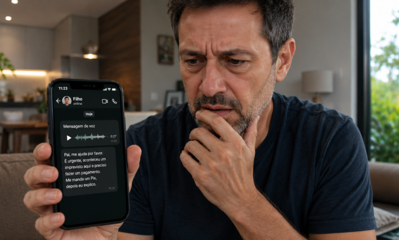 Golpe de voz clonada usa inteligência artificial para imitar familiares e pedir Pix urgente. Veja como identificar e evitar a fraude.