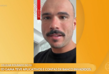 Celular roubado. Ed Gama aparece em vídeo exibido no programa Encontro, da TV Globo, relatando o roubo do celular e a invasão de aplicativos bancários. Na tela, uma legenda informa que o humorista teve contas e aplicativos de banco invadidos após o crime.
