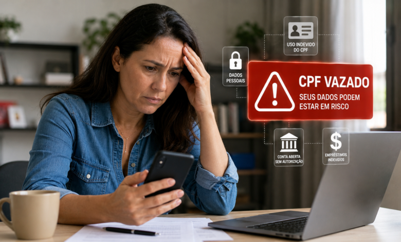 CPF vazado: mulher verifica celular e notebook após suspeita de uso indevido de dados pessoais e fraude financeira