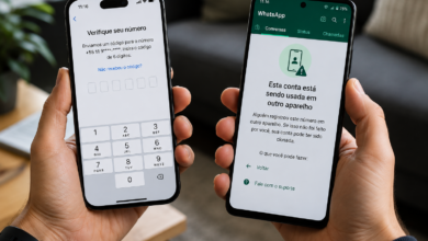 WhatsApp clonado: usuário segura dois celulares enquanto recebe alerta de conta registrada em outro aparelho e tenta recuperar o acesso pelo código de verificação.