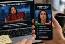 Deepfake: celular mostra comparação entre vídeo real e vídeo falso gerado por IA, com alerta para verificar fontes oficiais antes de compartilhar.