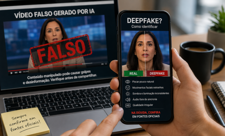 Deepfake: celular mostra comparação entre vídeo real e vídeo falso gerado por IA, com alerta para verificar fontes oficiais antes de compartilhar.
